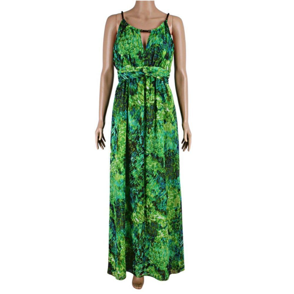 Bohemeian Maxi Sleeveless Dress Corded Strap Accent Beads Green & Blue Size 8
